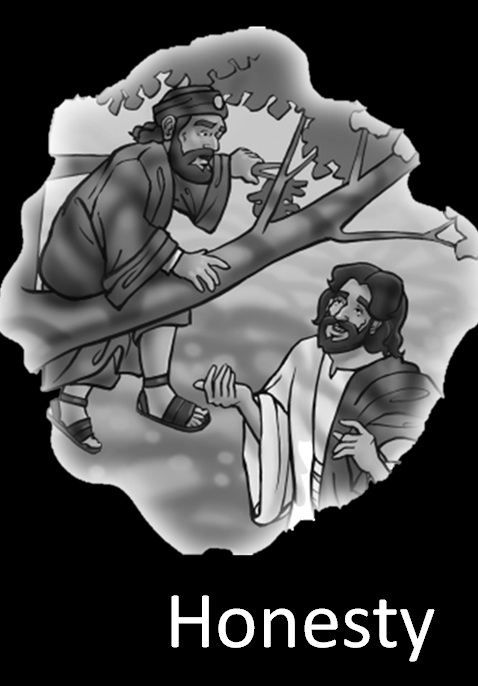 A picture of Zaccheus and the Tax Collector to represent our school value of Honesty