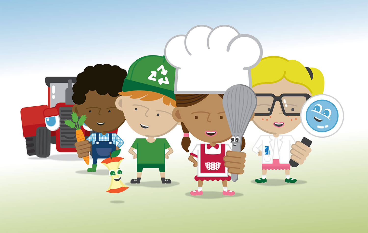 Cartoon illustration of five children dressed as a farmer, recycler, chef, scientist, and food expert, standing in front of a red tractor with vegetables and an apple core.