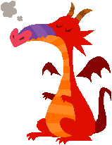 Cartoon red dragon with orange stripes, purple snout, and small wings, exhaling a puff of smoke.