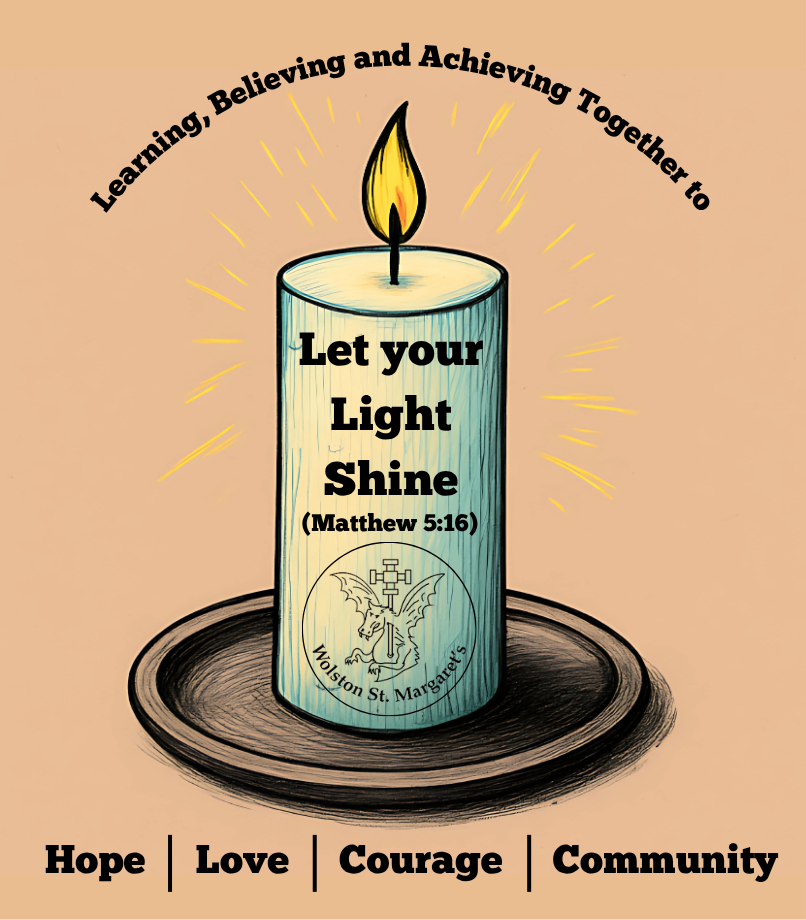 Lit candle with the words “Let your Light Shine (Matthew 5:16)” and Wolston St. Margaret’s logo, surrounded by text promoting learning and values: Hope, Love, Courage, Community.