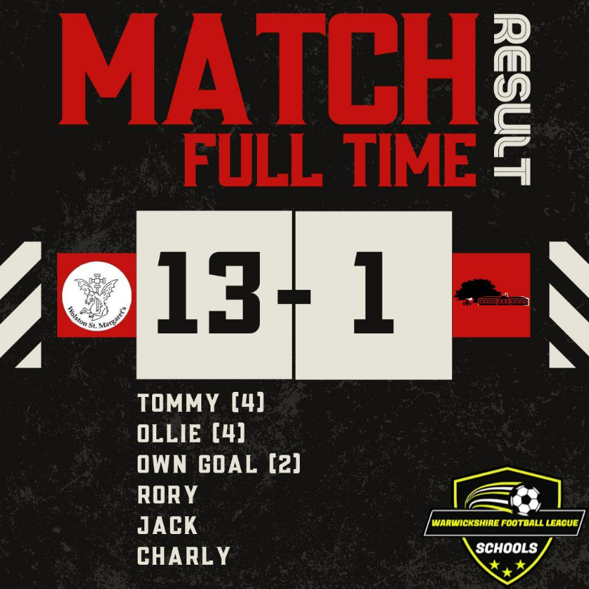 Graphic showing a football match result: Wolston St Margaret’s won 13–1 against the opposing team. Goal scorers listed are Tommy (4), Ollie (4), Own Goal (2), Rory, Jack, and Charly. The design features bold red and white text with a football league logo at the bottom.